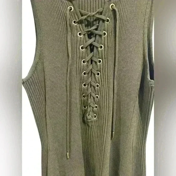 TORN BY RONNY KOBO Medium LACE UP TEXTURED FIT AND FLARE SLEEVELESS DRESS OLIVE - Picture 6 of 10